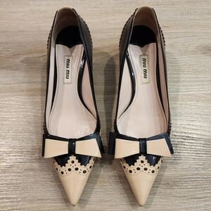 Miu Miu Brogue Patent Leather Bow Kitten Heel Pumps